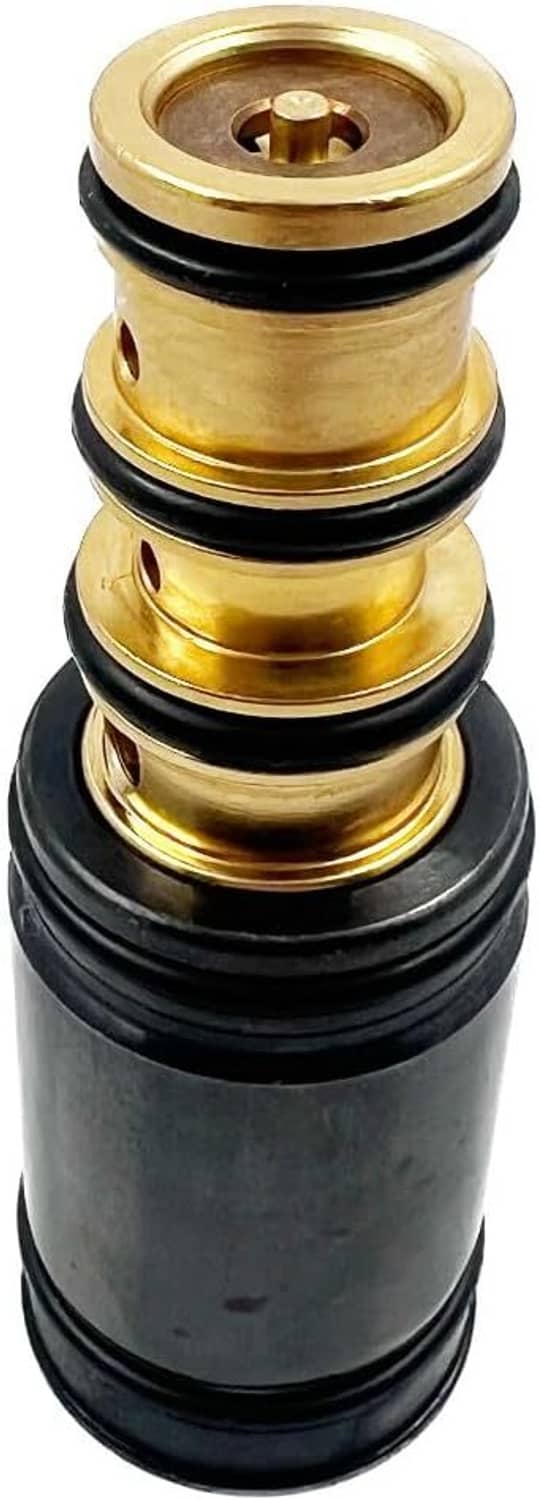 Close-up of A/C compressor electronic control valve with brass top and black sleeve