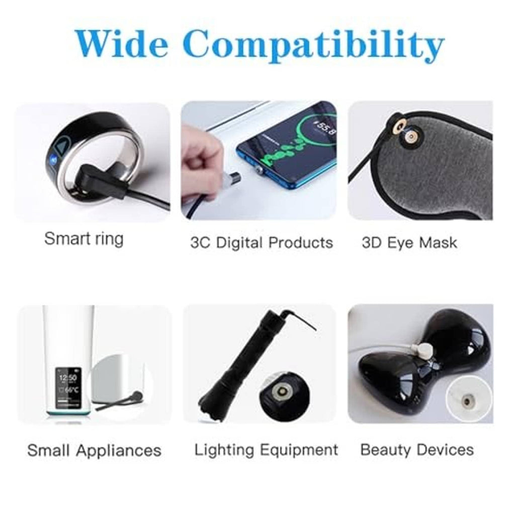 Black smart ring charger cable with magnetic port head shown in a compatibility layout