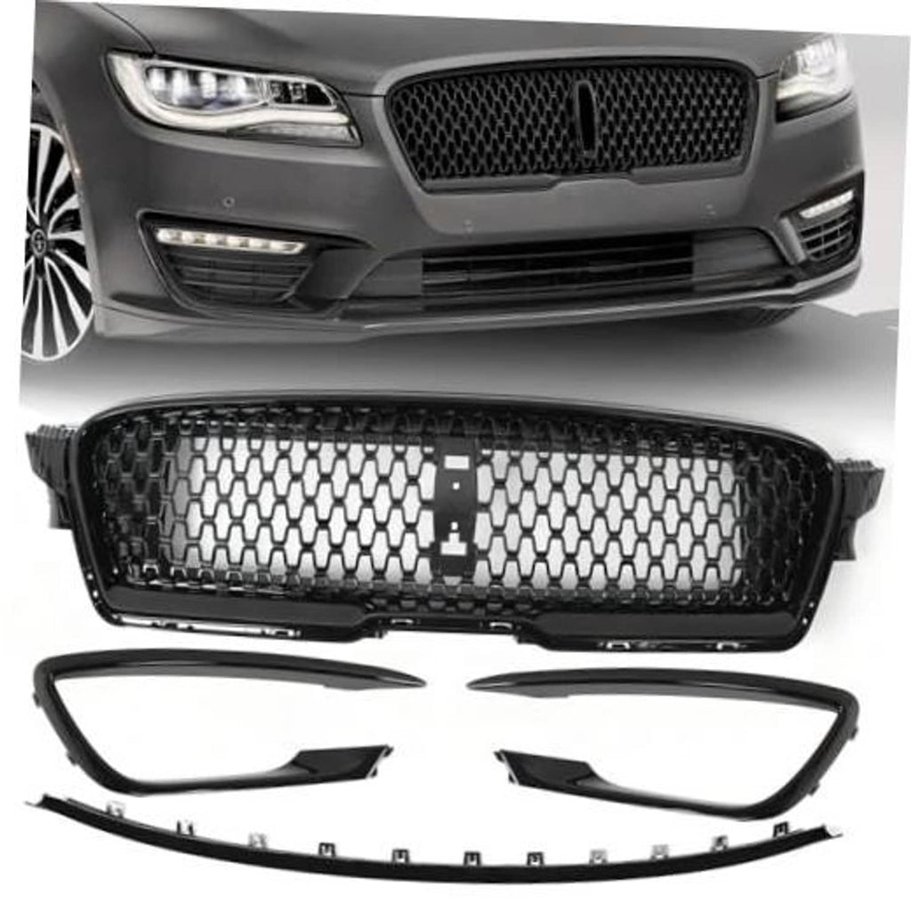 Front bumper grille insert set with fog light trim pieces, black mesh and chrome accents