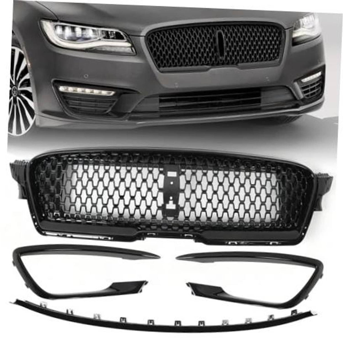 Front bumper grille insert set with fog light trim pieces, black mesh and chrome accents