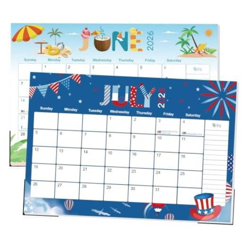 Blue 19-month desk calendar with July 2026 date grid and decorative holiday artwork