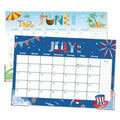 Blue 19-month desk calendar with July 2026 date grid and decorative holiday artwork