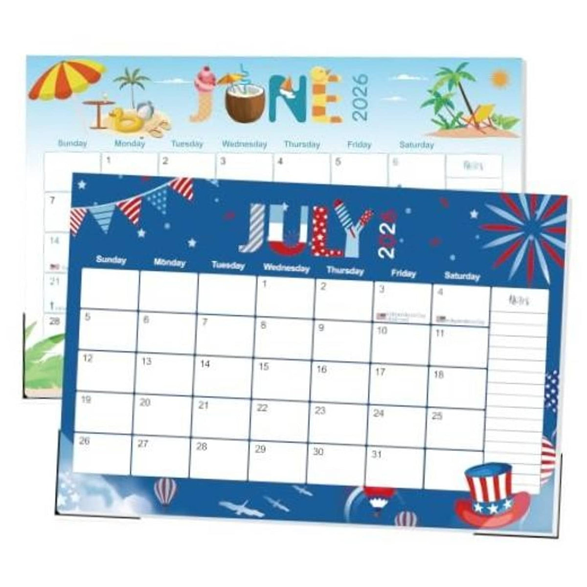 Blue 19-month desk calendar with July 2026 date grid and decorative holiday artwork