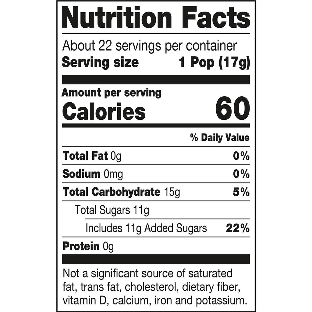 Nutrition Facts label for chocolate Tootsie Roll Pop candy, serving size 1 pop (17 g)