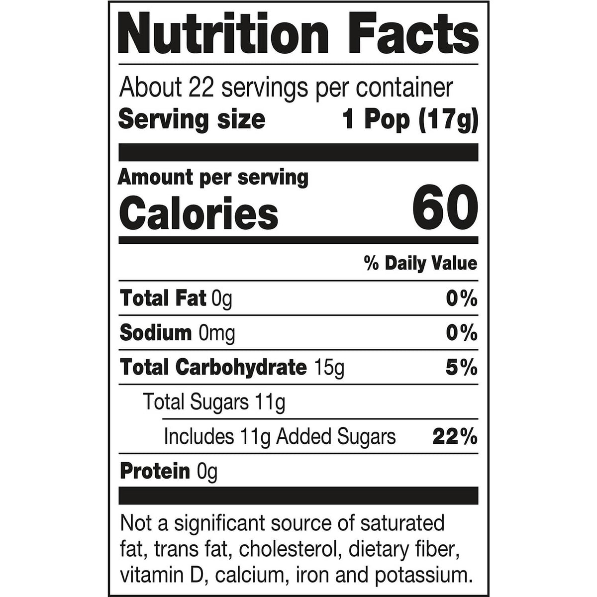 Nutrition Facts label for chocolate Tootsie Roll Pop candy, serving size 1 pop (17 g)
