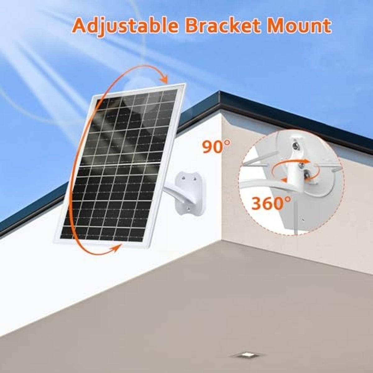 White solar panel charger with adjustable wall bracket and 360-degree mount