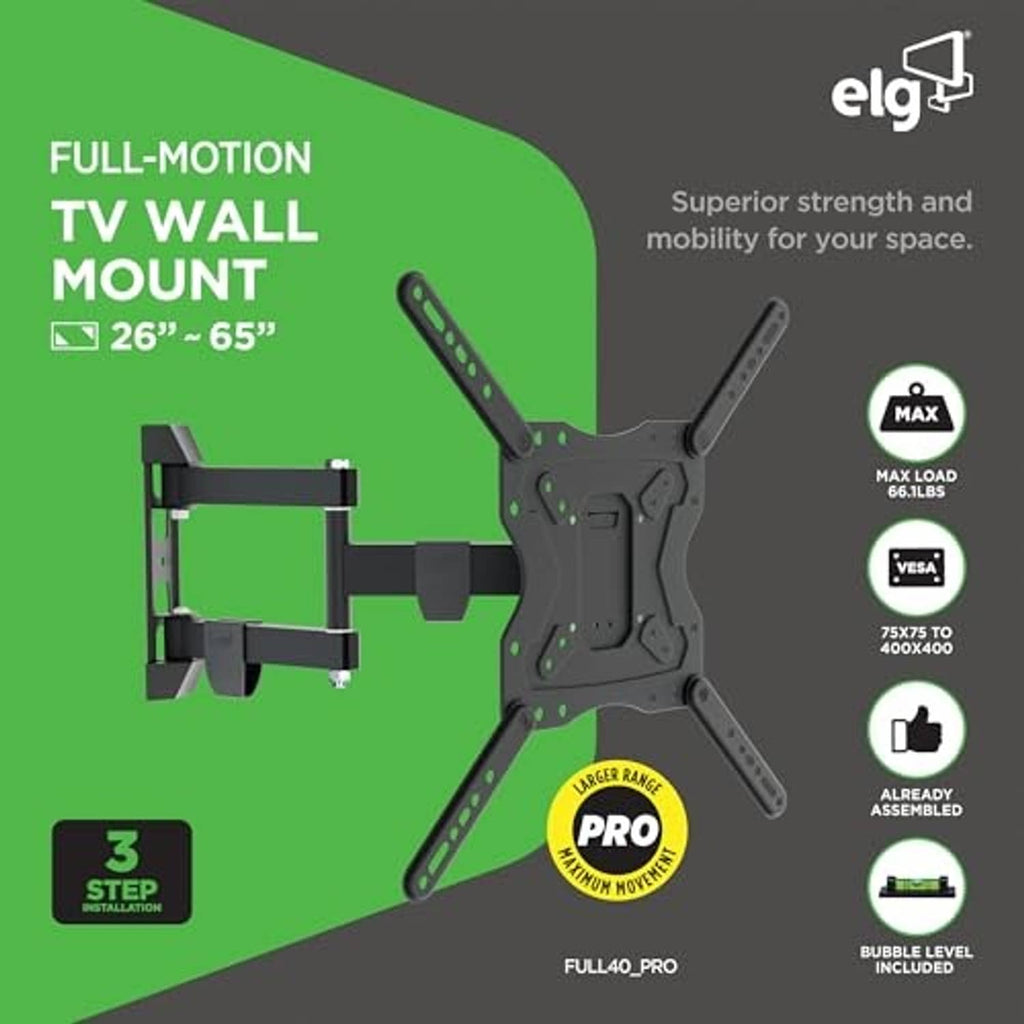 Full-motion TV wall mount graphic showing black swivel-tilt-extension bracket and arms