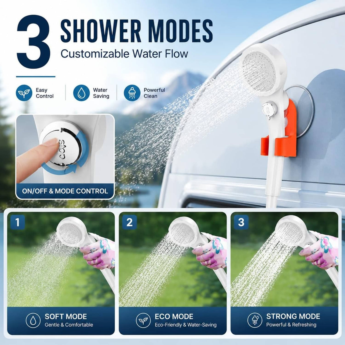Portable showerhead with three spray flow modes and adjustable water flow control
