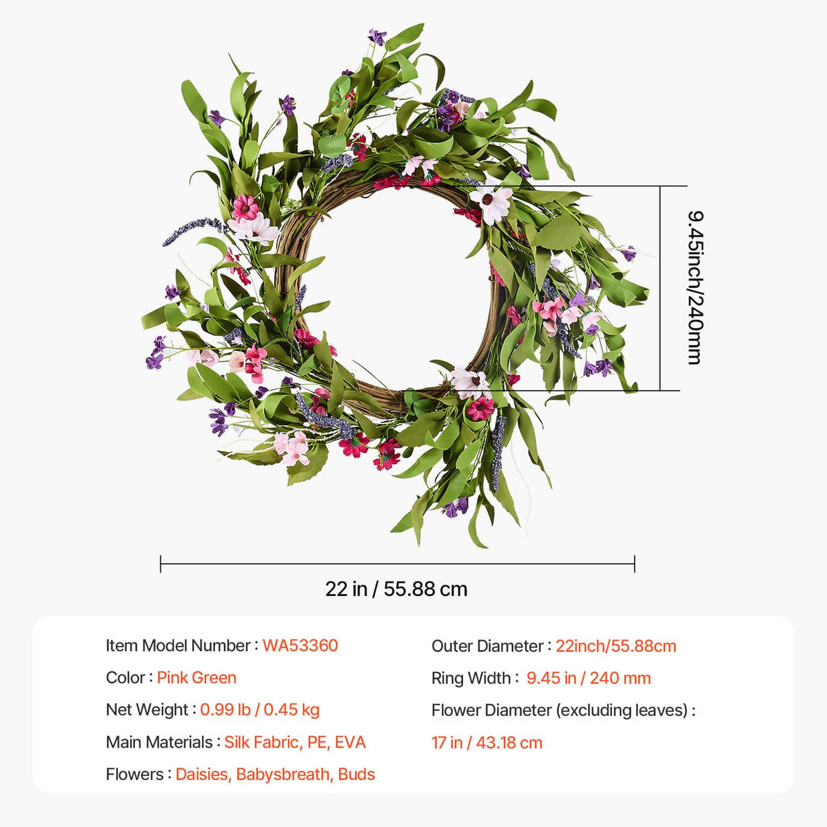 Artificial wreath, 22 in, green foliage with pink and purple daisy-style flowers