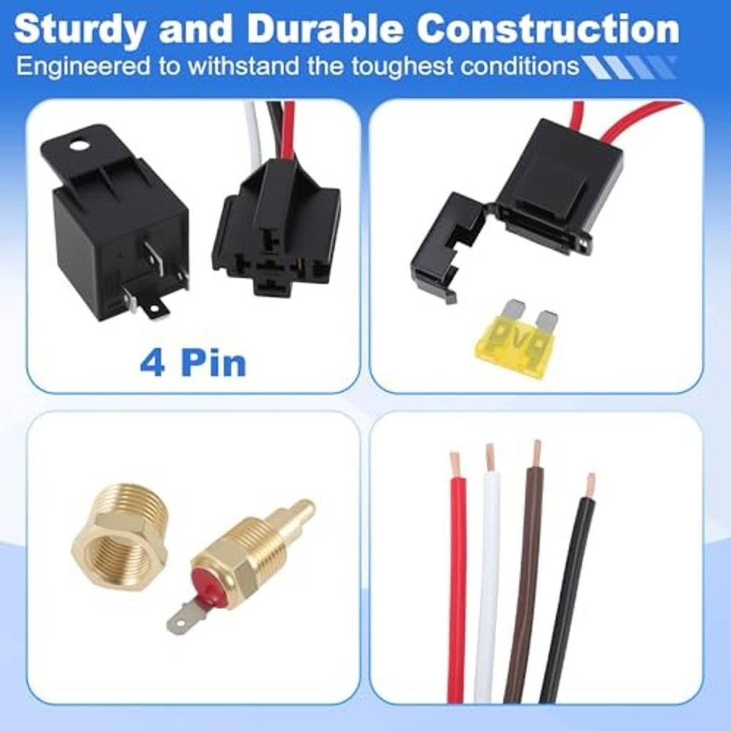 Electric radiator fan relay kit with 4-pin connectors, fuse parts, and colored wire leads