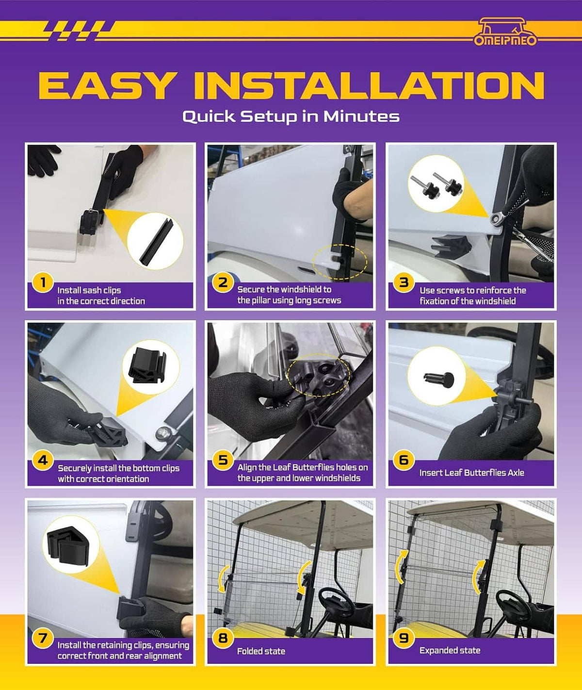 Golf cart windshield installation steps shown with mounting clips and brackets