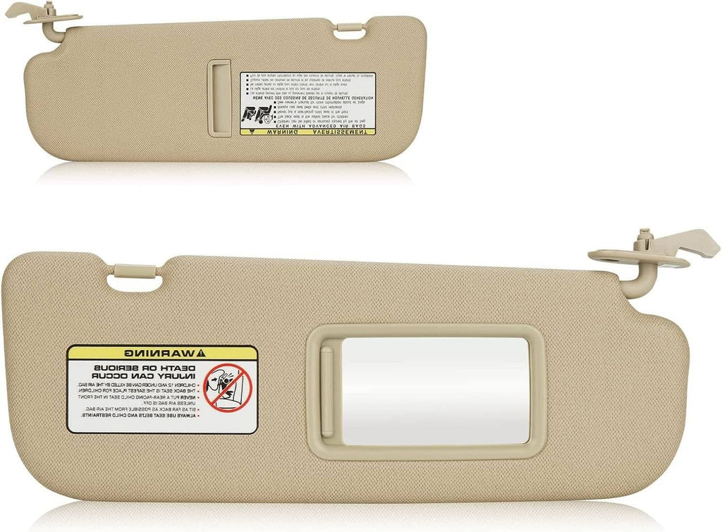 Beige sun visor with warning label, mirror opening, and support brackets