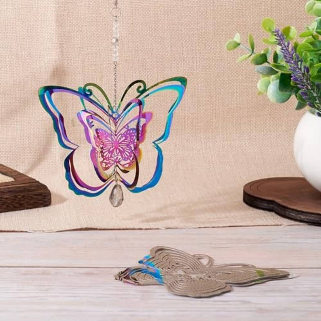 Colorful butterfly filigree hanging pendant with dangling silver chain