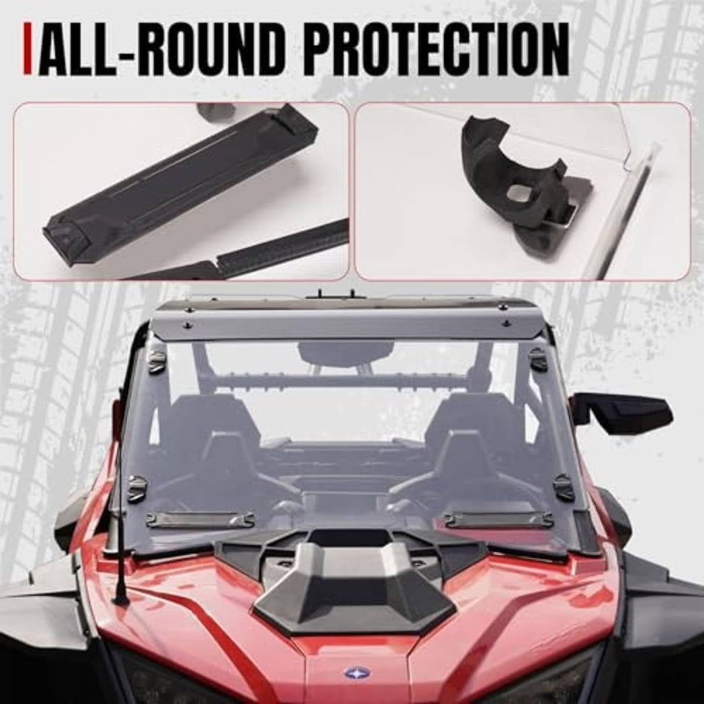 Front windshield panel with protective seal pieces and side mounting hardware