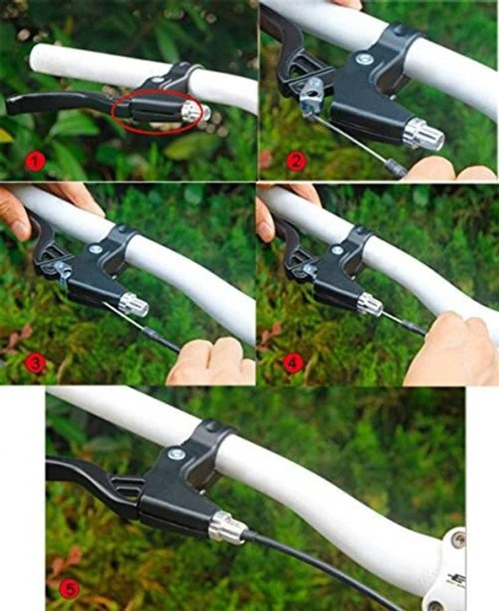 Black brake lever handles shown on handlebar during cable setup steps.
