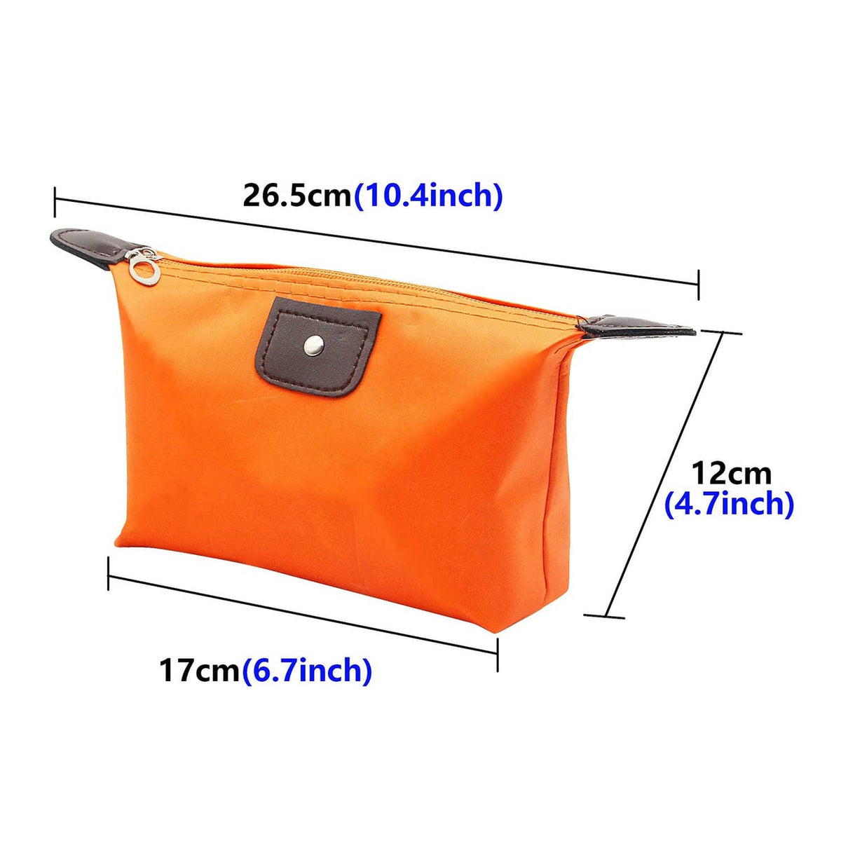 Orange waterproof zip toiletry pouch with dark front patch; 26.5x17x12 cm