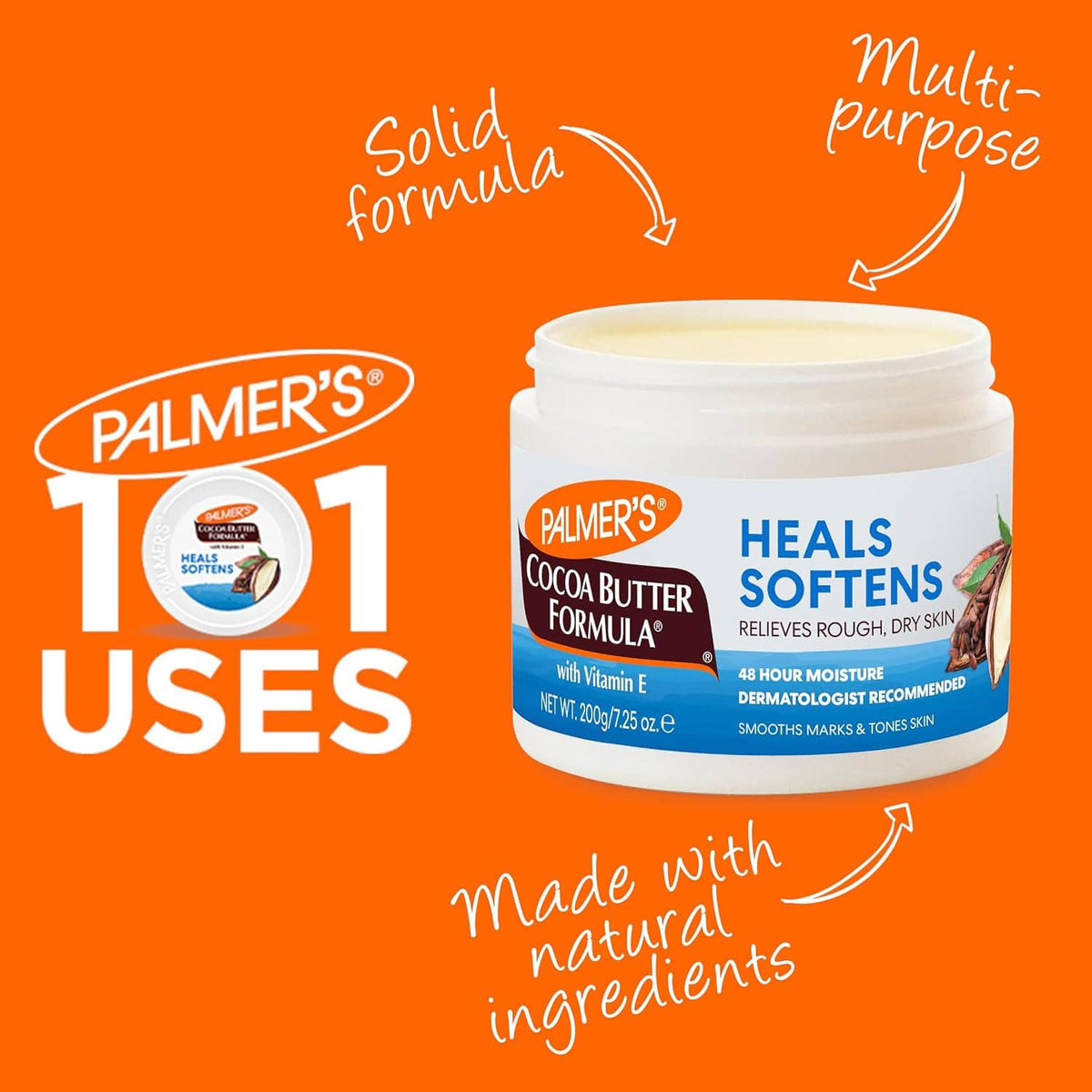 PALMER'S Cocoa Butter Formula lotion jar on an orange background
