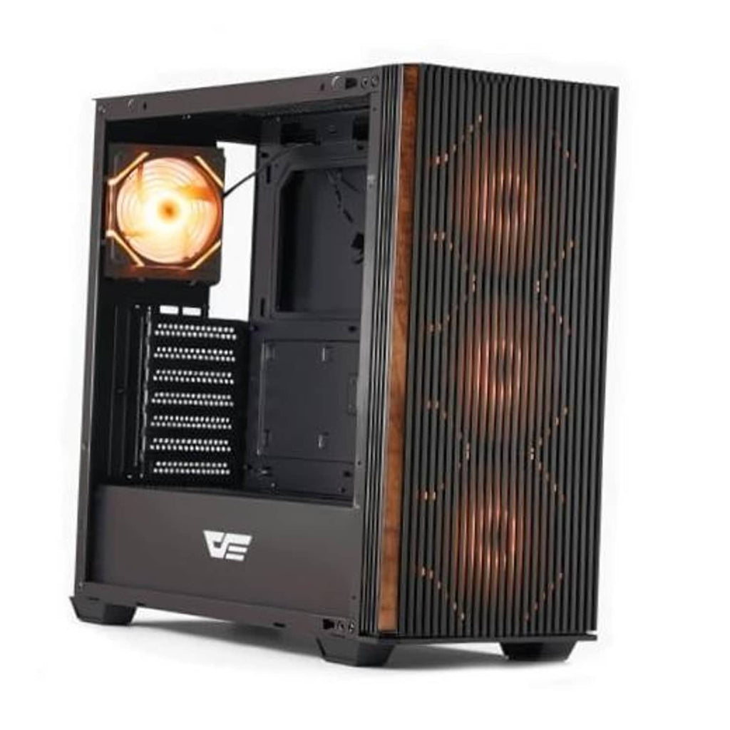 ATX PC case with black chassis and genuine walnut wood slatted side panel