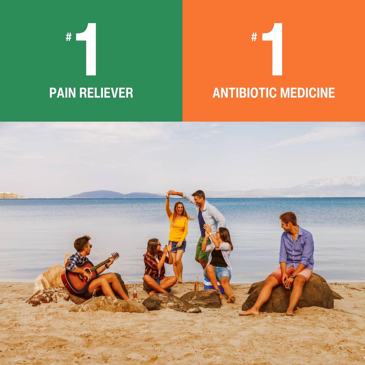Beach scene with text panels “#1 PAIN RELIEVER” and “#1 ANTIBIOTIC MEDICINE”