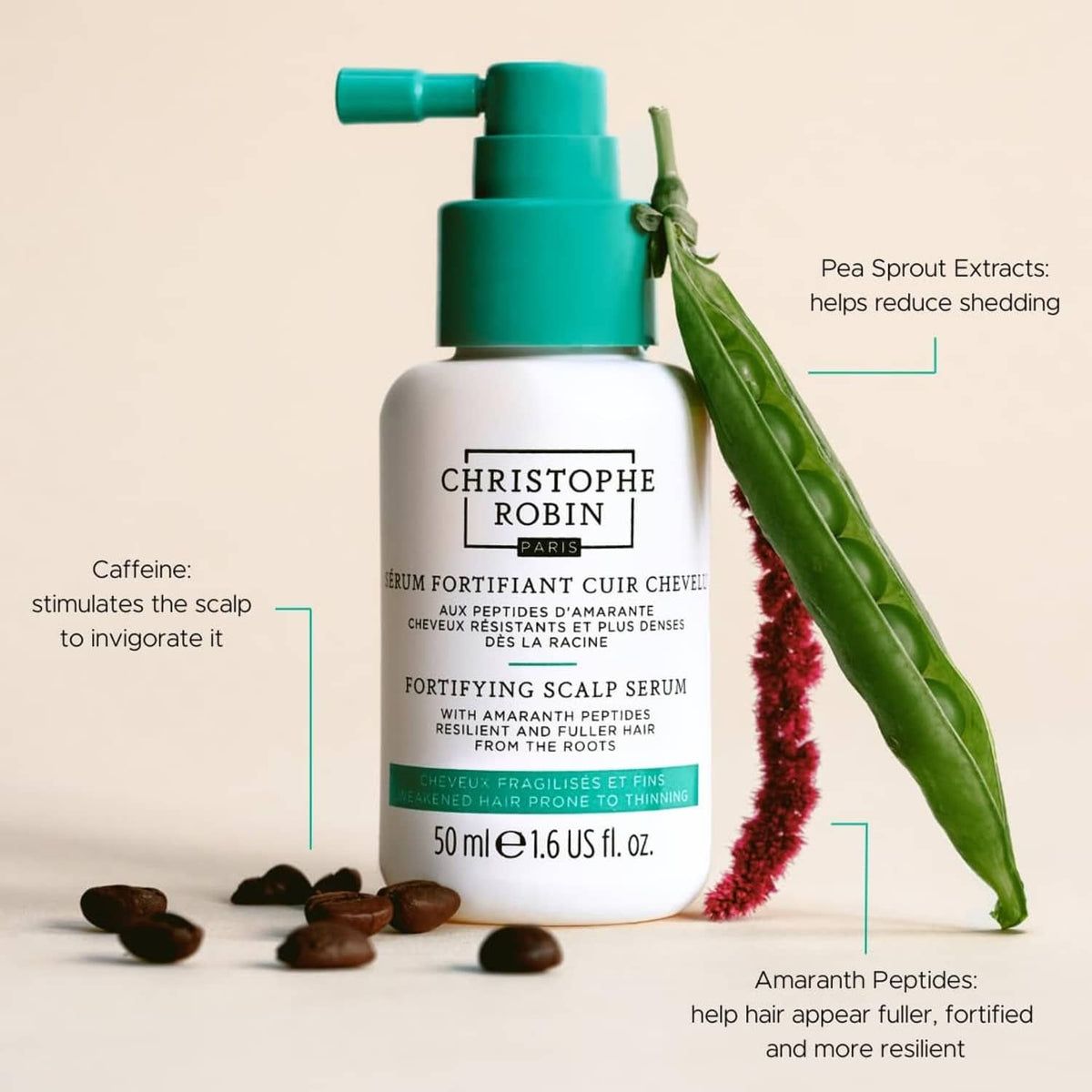 Fortifying scalp serum bottle with teal pump beside green pea sprout and amaranth