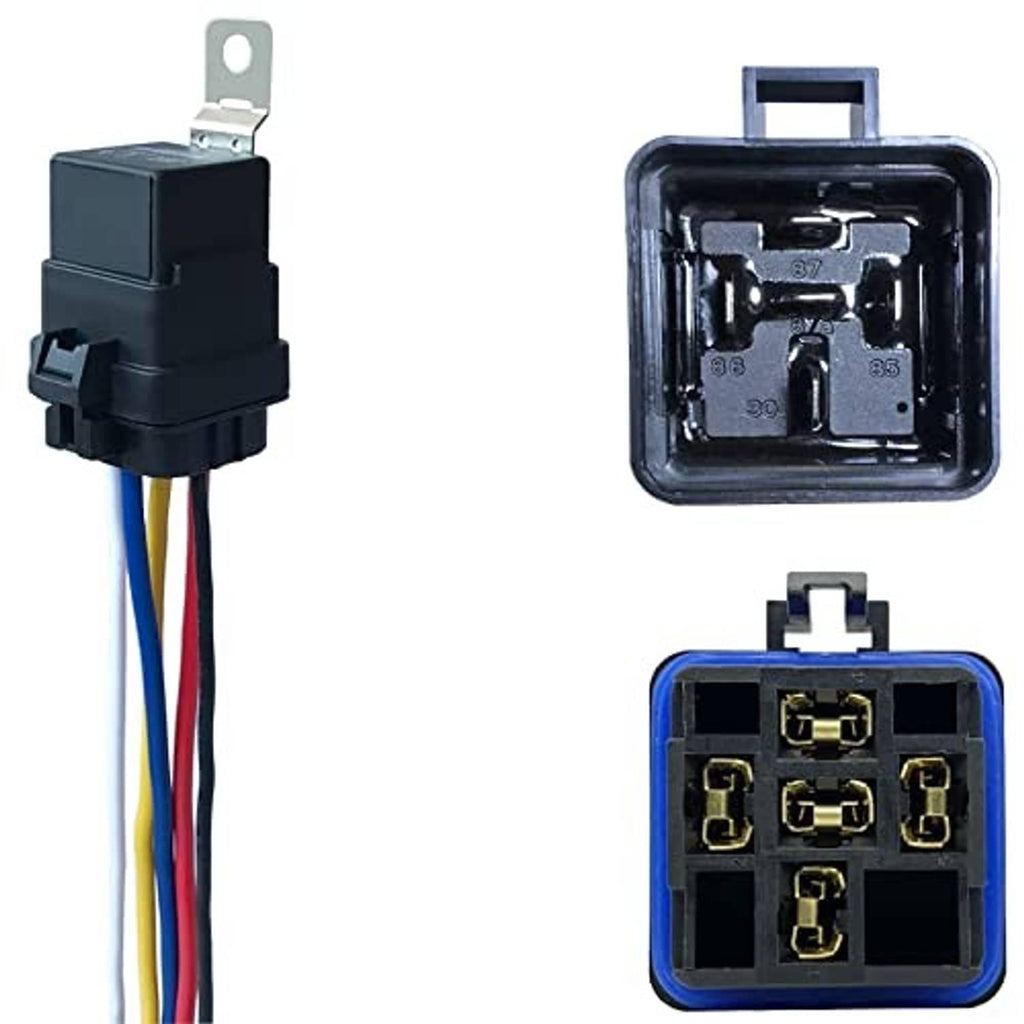 Waterproof 5-pin relay module open case showing terminal layout and blue gasket edge