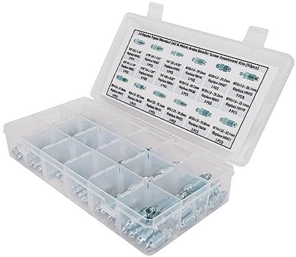 Brake bleeder screw kit in segmented plastic tray with SAE and metric screws