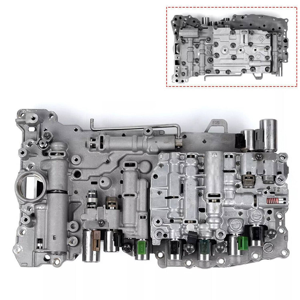 Transmission valve body assembly with solenoids; inset shows underside details.