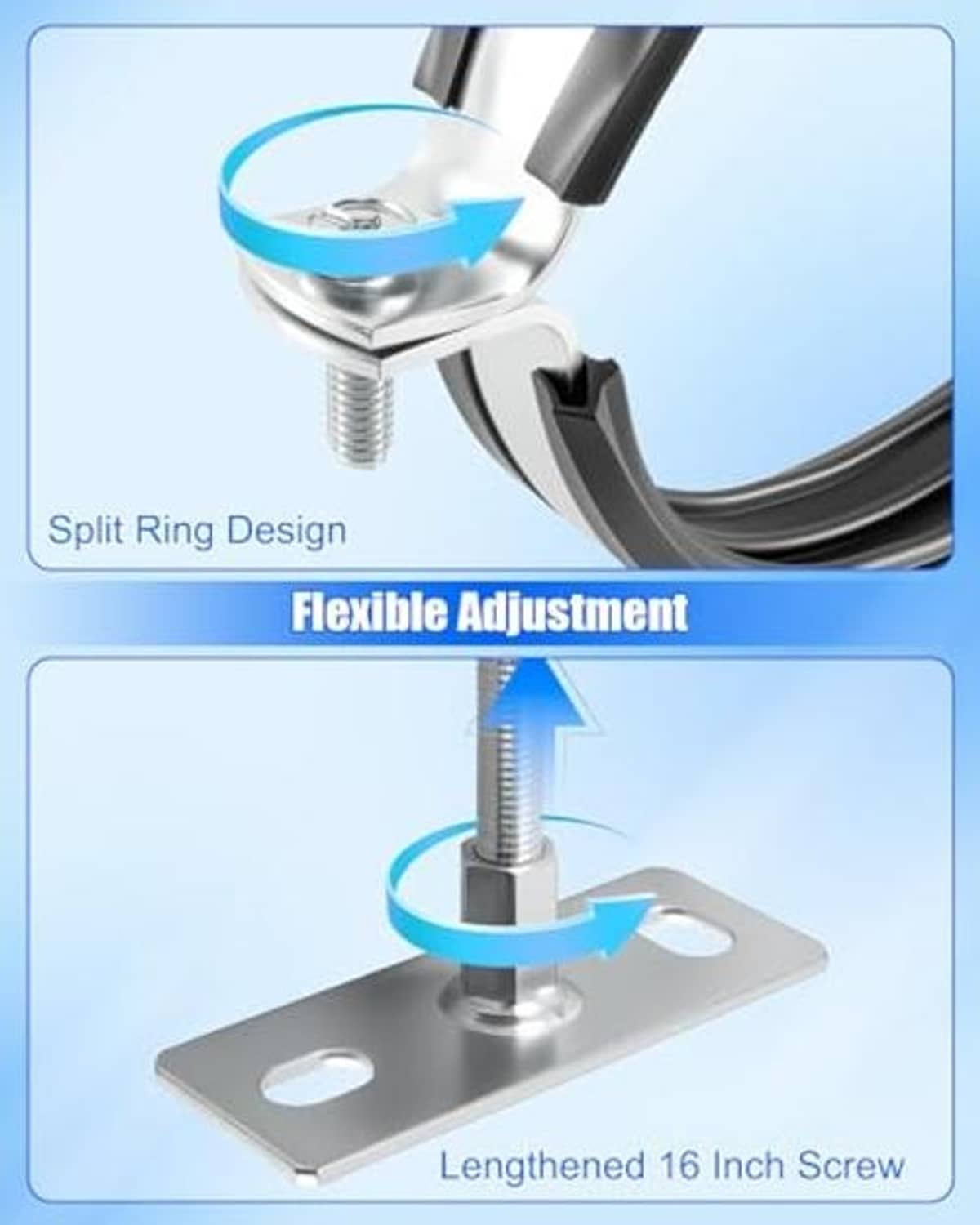 Split-ring adjustable pipe bracket with anti-slip pads and lengthened mounting screw