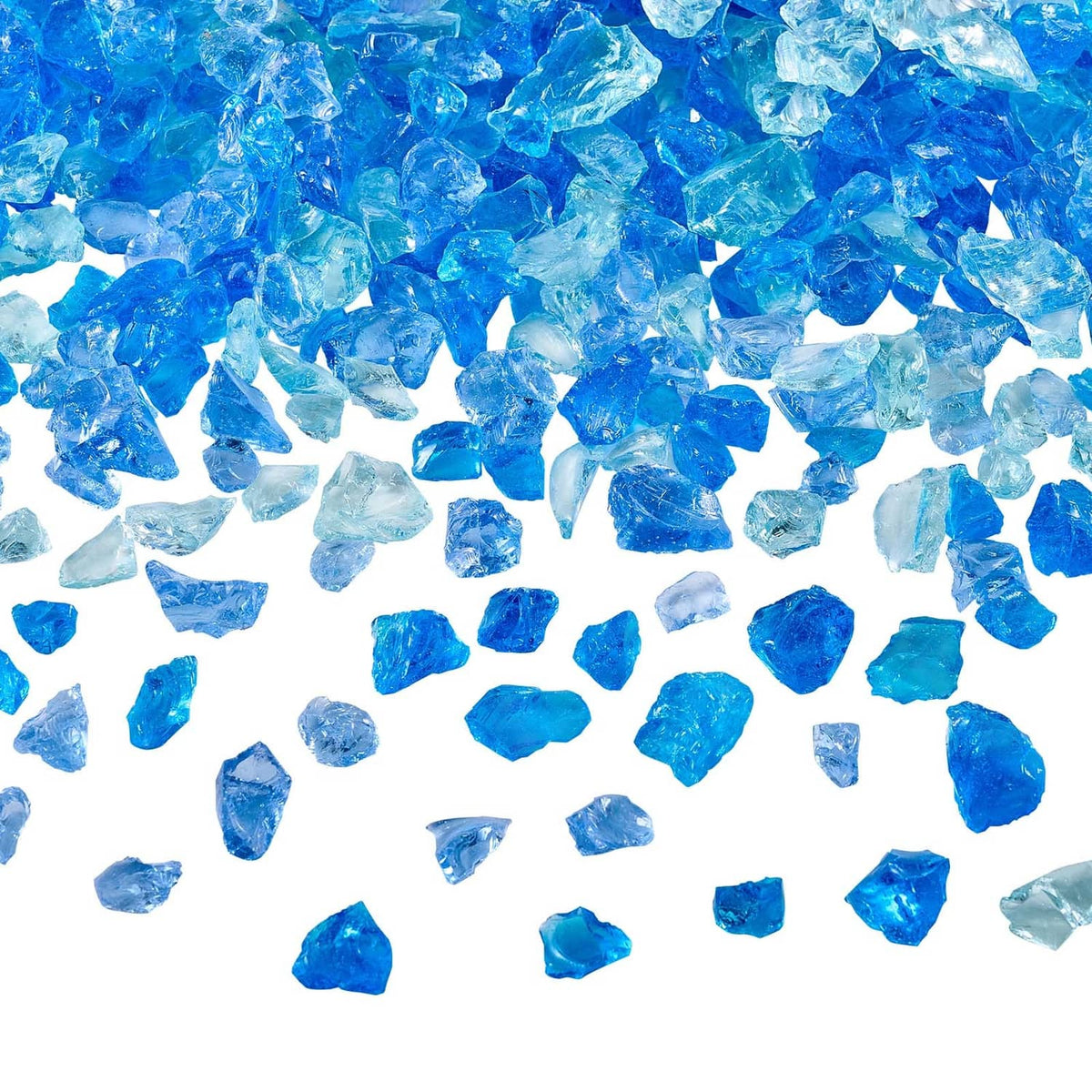 Blue fire pit glass rocks scattered, 3/4-inch glass pieces for fireplace or table
