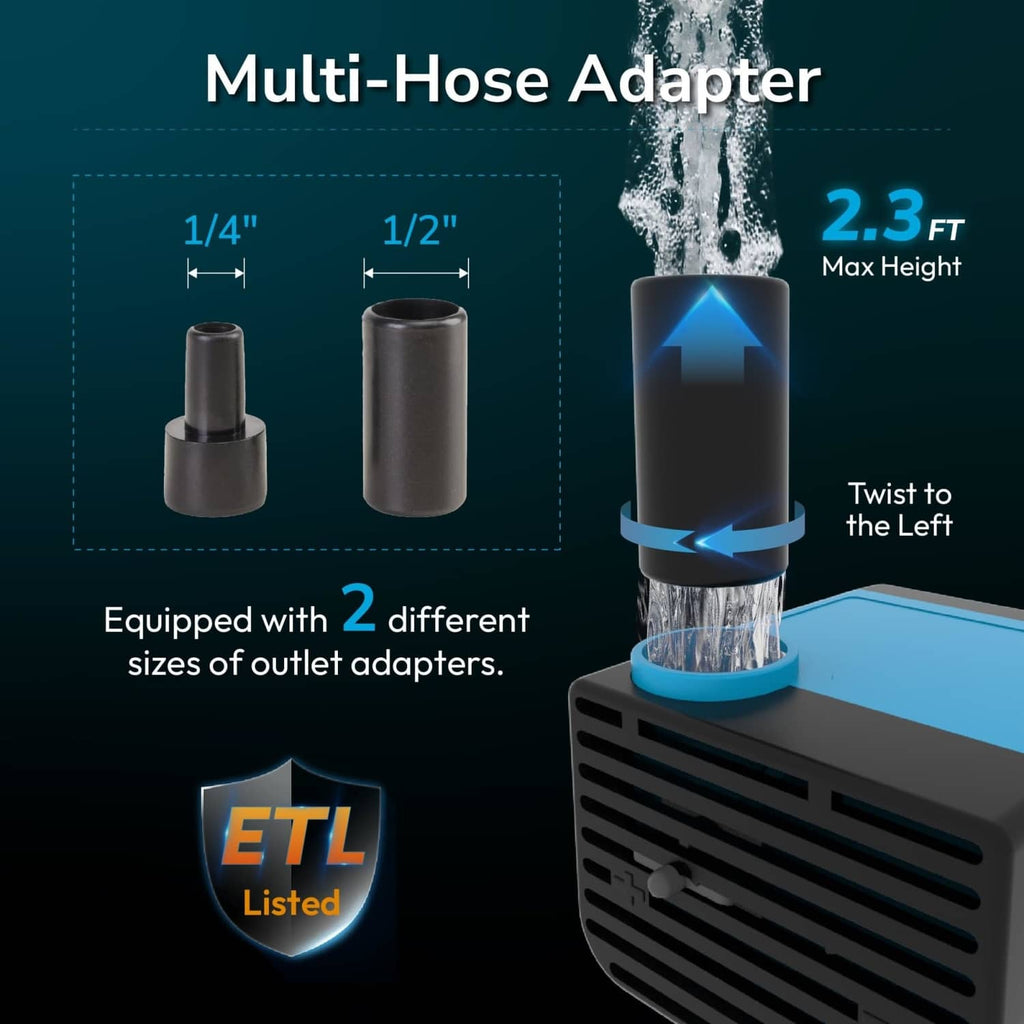 Mini submersible pump with multi-hose outlet adapters, two nozzle sizes