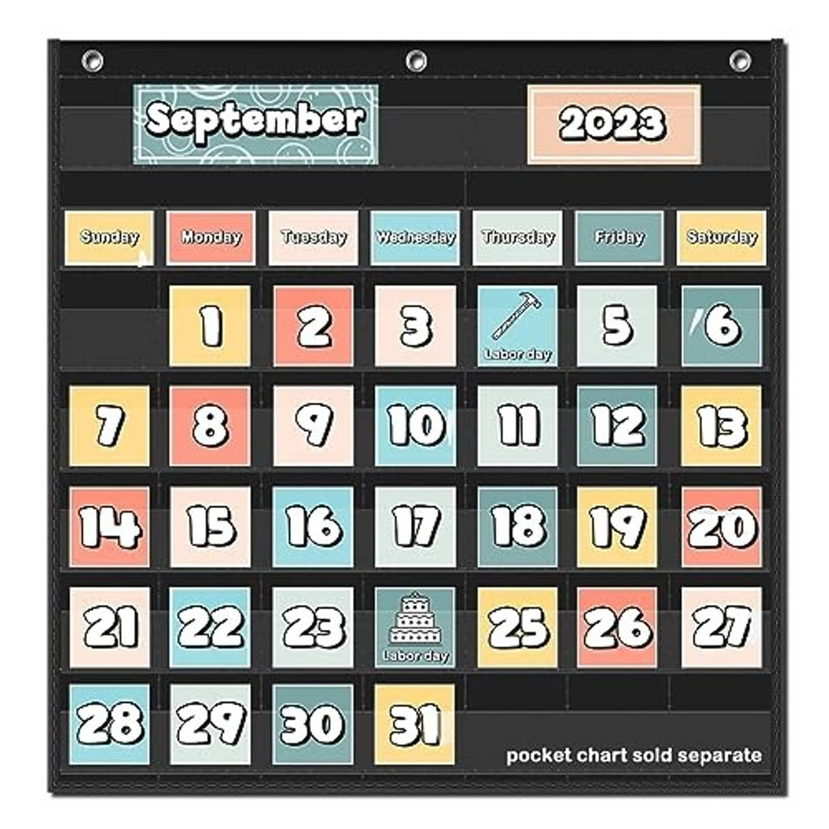 Black pocket calendar chart showing September 2023 with numbered date tiles
