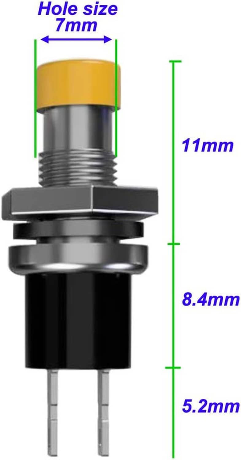 Mini push button switch dimensions diagram: 7mm hole, 11mm height, 8.4mm width