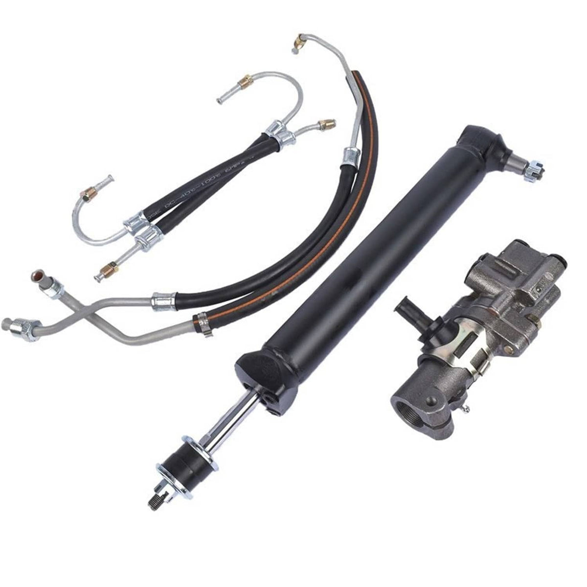 Power steering cylinder kit with black ram, valve parts, and connected hose lines