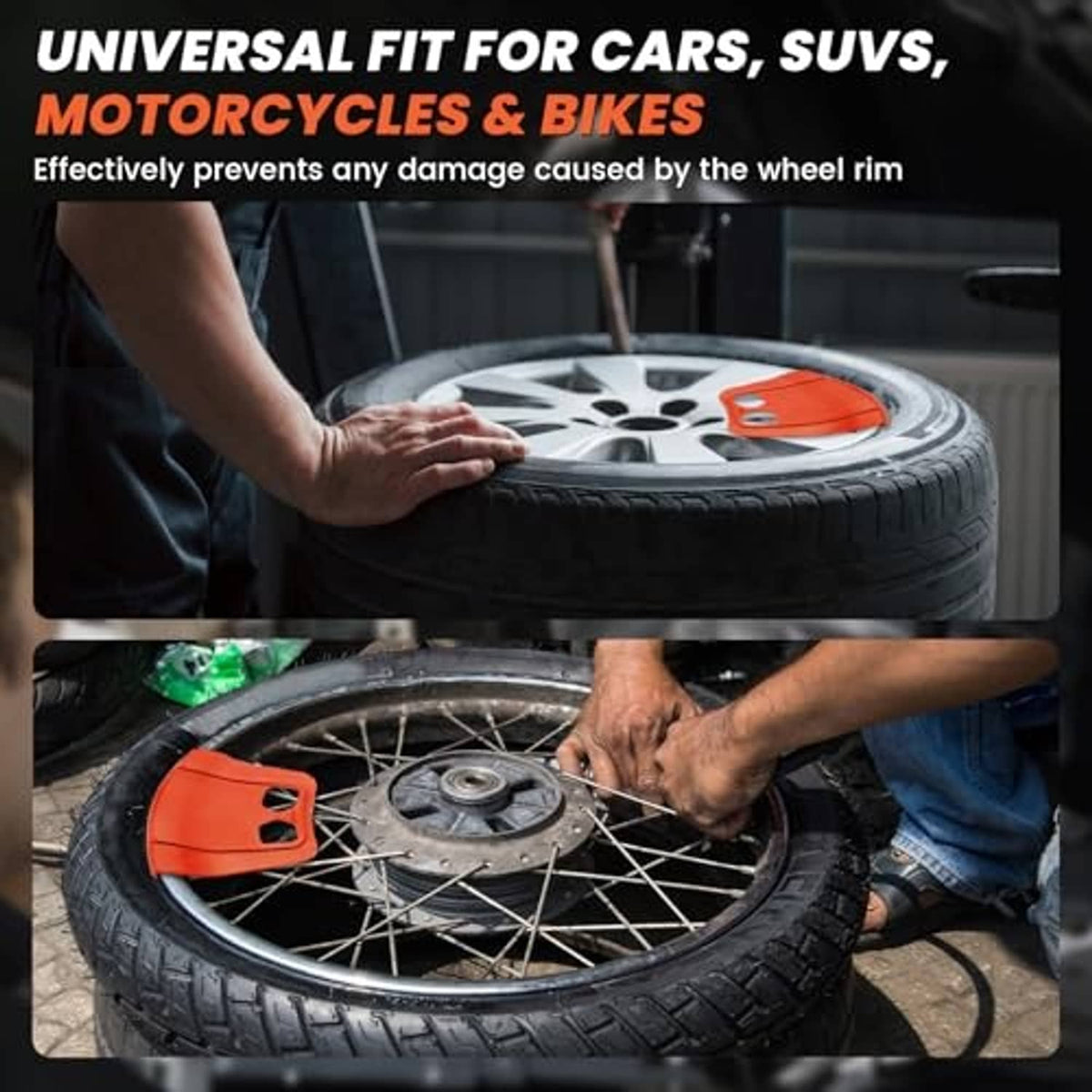 Orange rim protector positioned on a wheel rim to help prevent scratching