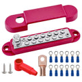 Red stud power distribution bus bar with metal terminals and mounting holes