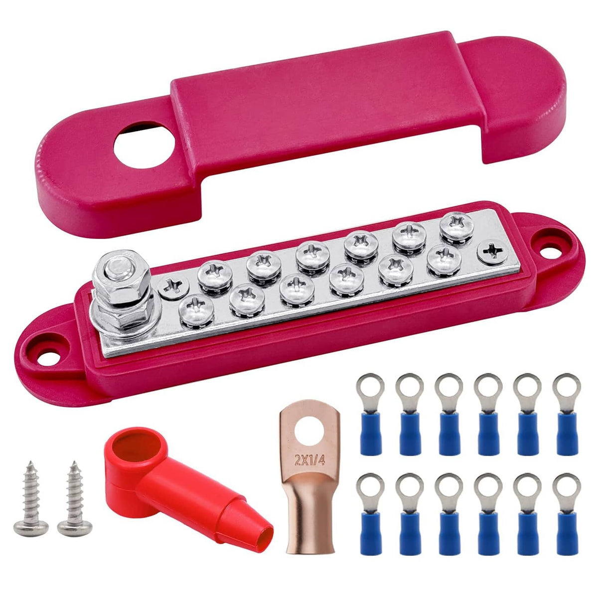 Red stud power distribution bus bar with metal terminals and mounting holes