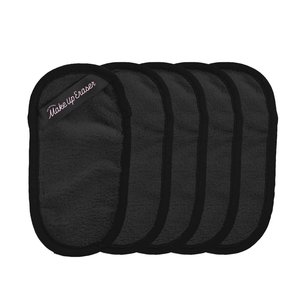 Black MakeUp Eraser Mini PRO pads, 5-pack of oval cloth discs.