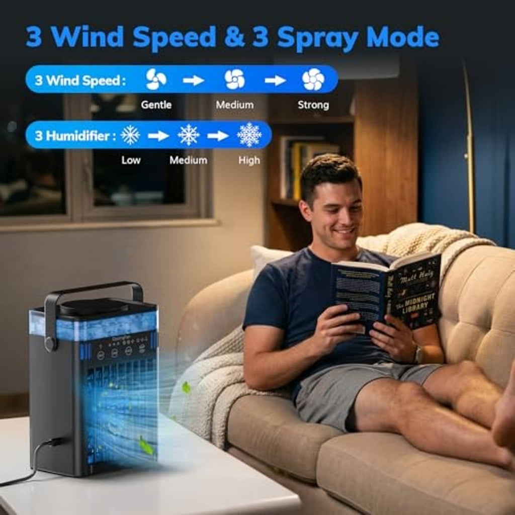 Black portable air conditioner with blue-lit cooling panel and remote control shown