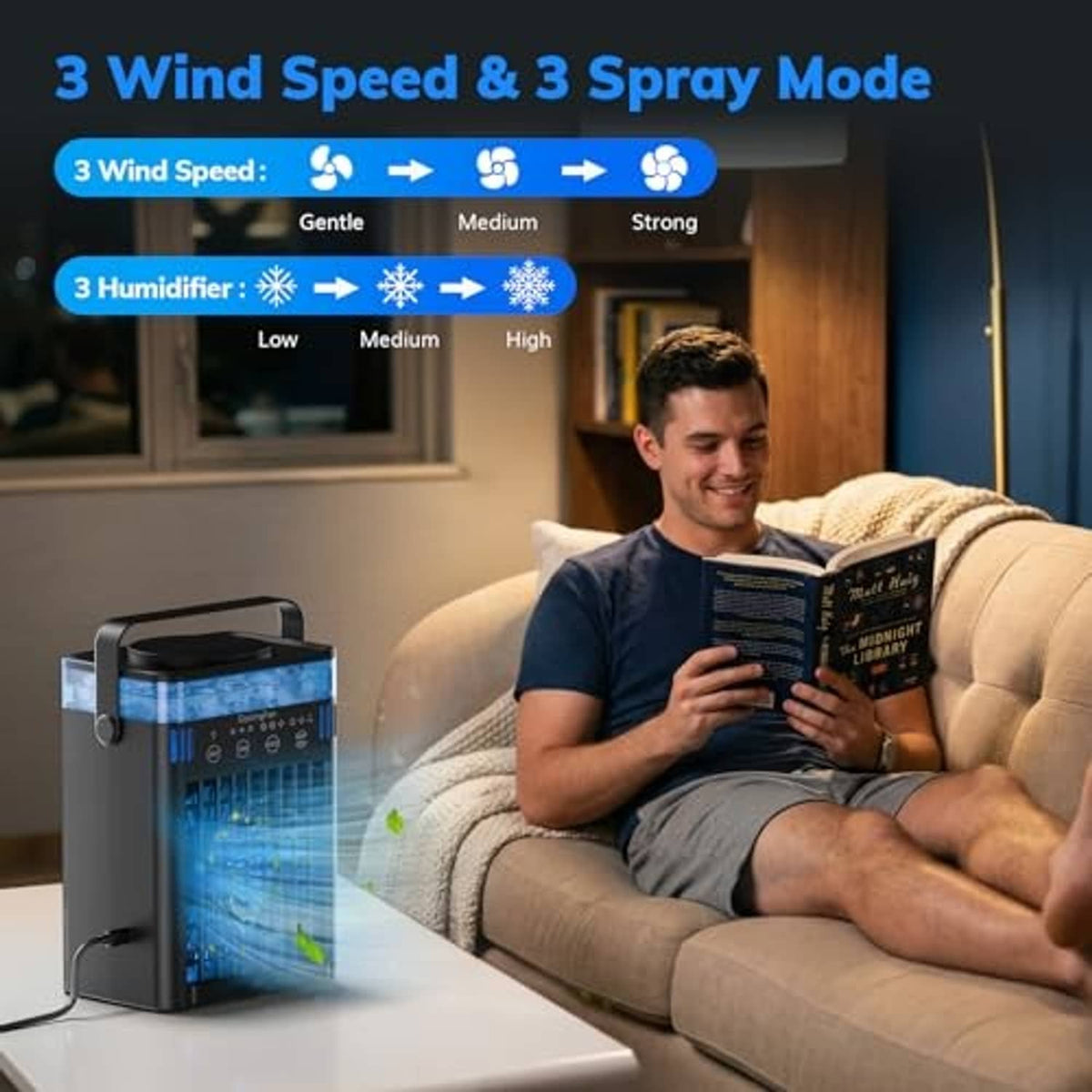 Black portable air conditioner with blue-lit cooling panel and remote control shown