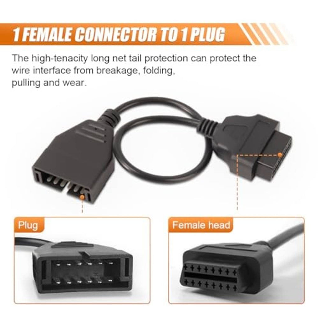 OBD1 to OBD2 adapter cable with male plug and female head connectors on wire
