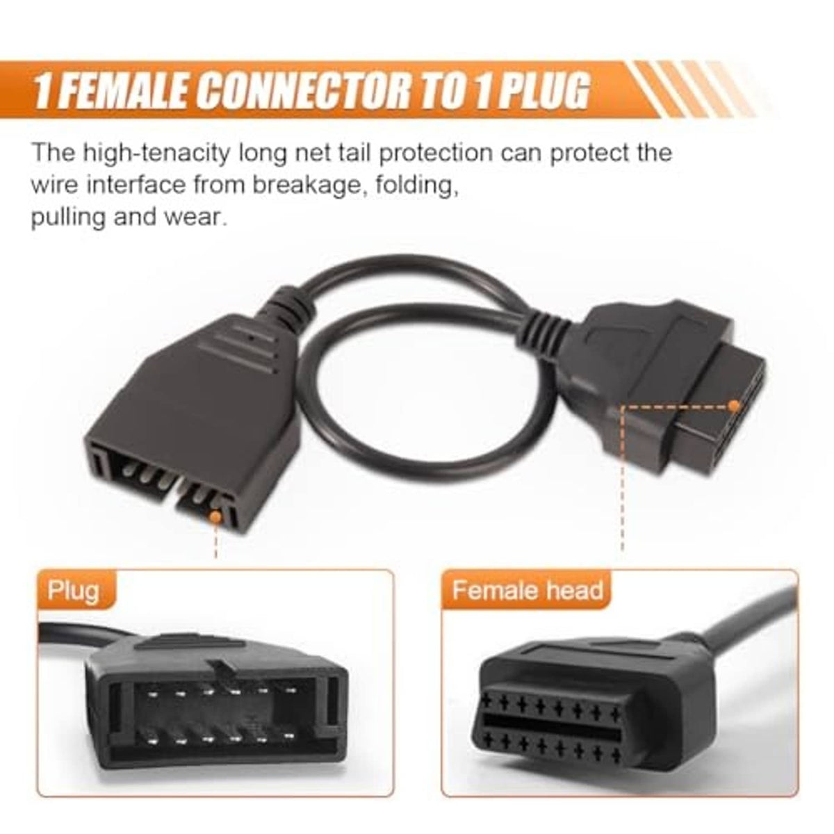 OBD1 to OBD2 adapter cable with male plug and female head connectors on wire