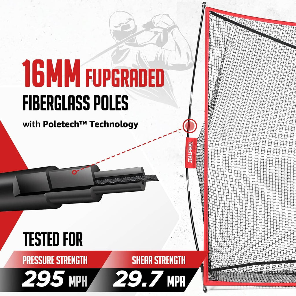Golf practice net frame with mesh back and black target graphic, red trim