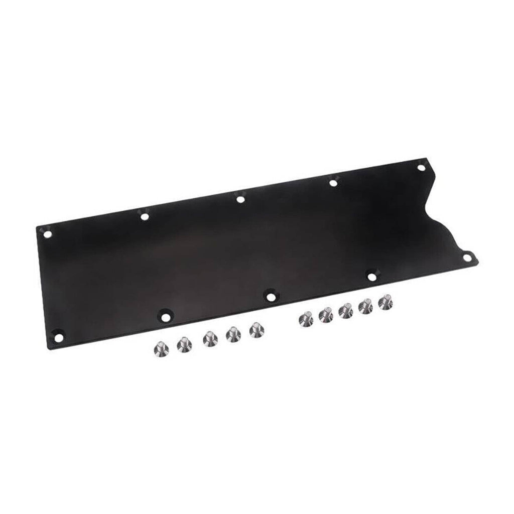 Black billet valley pan cover plate with mounting holes and included chrome bolts