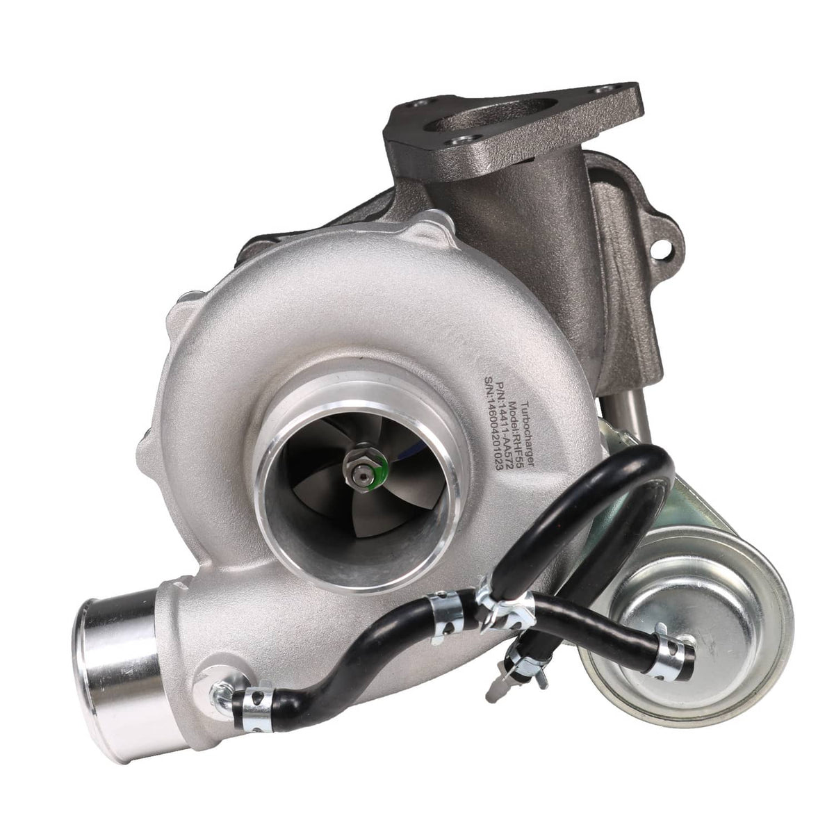 Turbocharger with circular compressor inlet and black hose, close-up side view