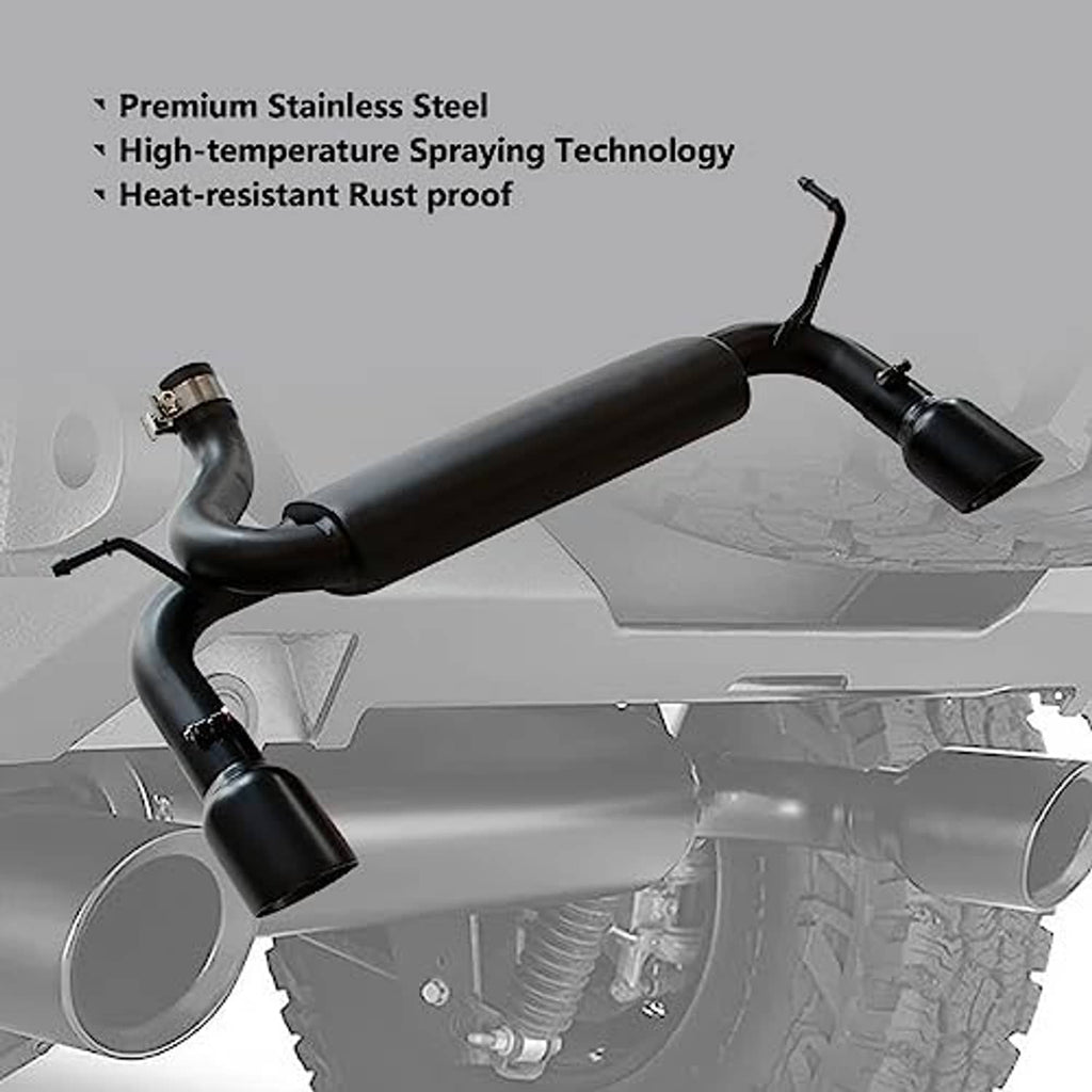 Black exhaust system kit with stainless-look piping and dual round tailpipes