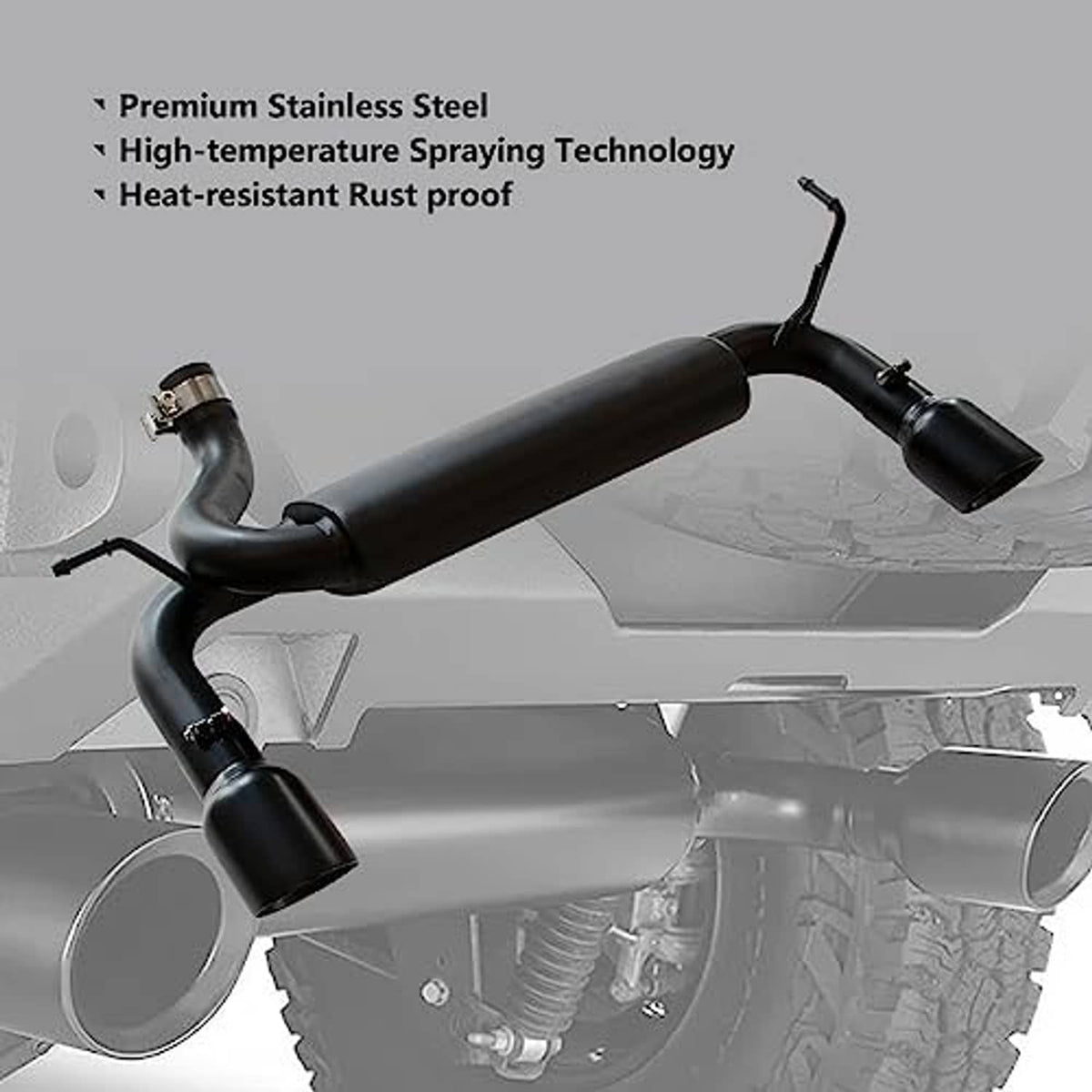 Black exhaust system kit with stainless-look piping and dual round tailpipes