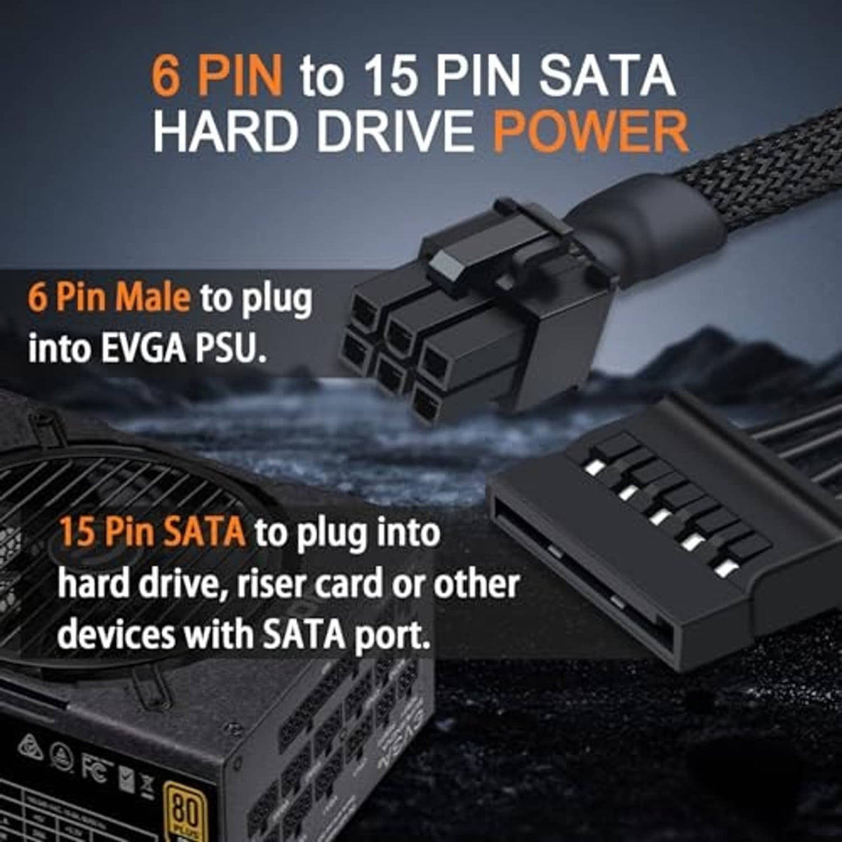 SATA power adapter cable showing 6-pin male plug and 15-pin SATA connector ends