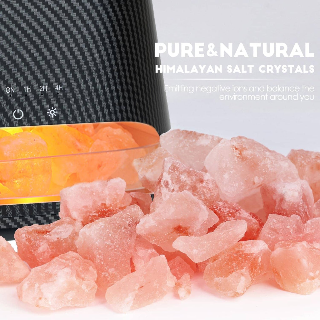 Pink Himalayan salt crystals in clear tray inside carbon black diffuser