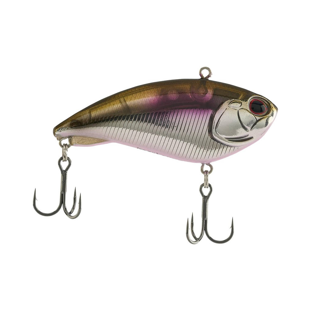 Fishing lure with silvery face, purple back, and two treble hooks