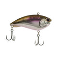 Fishing lure with silvery face, purple back, and two treble hooks